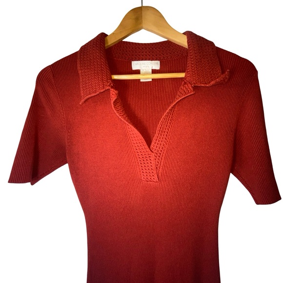 Caroline Constas Red Bodycon Midi Dress with‎ Polo Collar - Picture 3 of 7